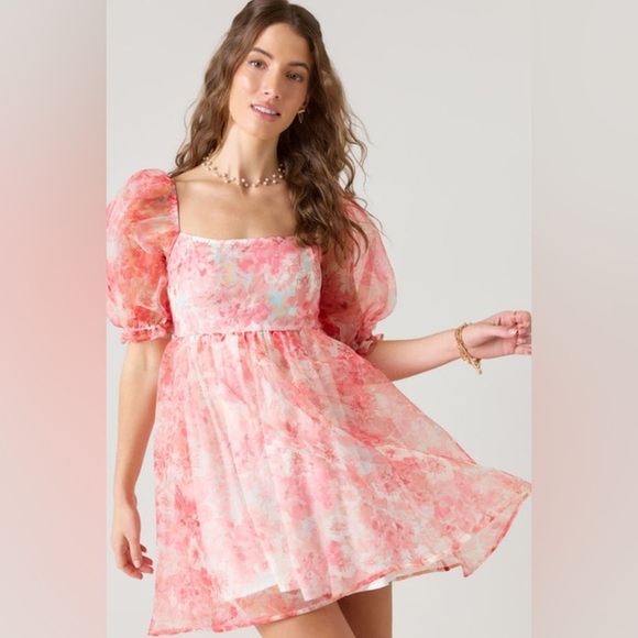 Francesca's Collections Dresses & Skirts - Francesca’s Claudia Floral Organza Babydoll Dress mini puff sleeve selkie pastel
